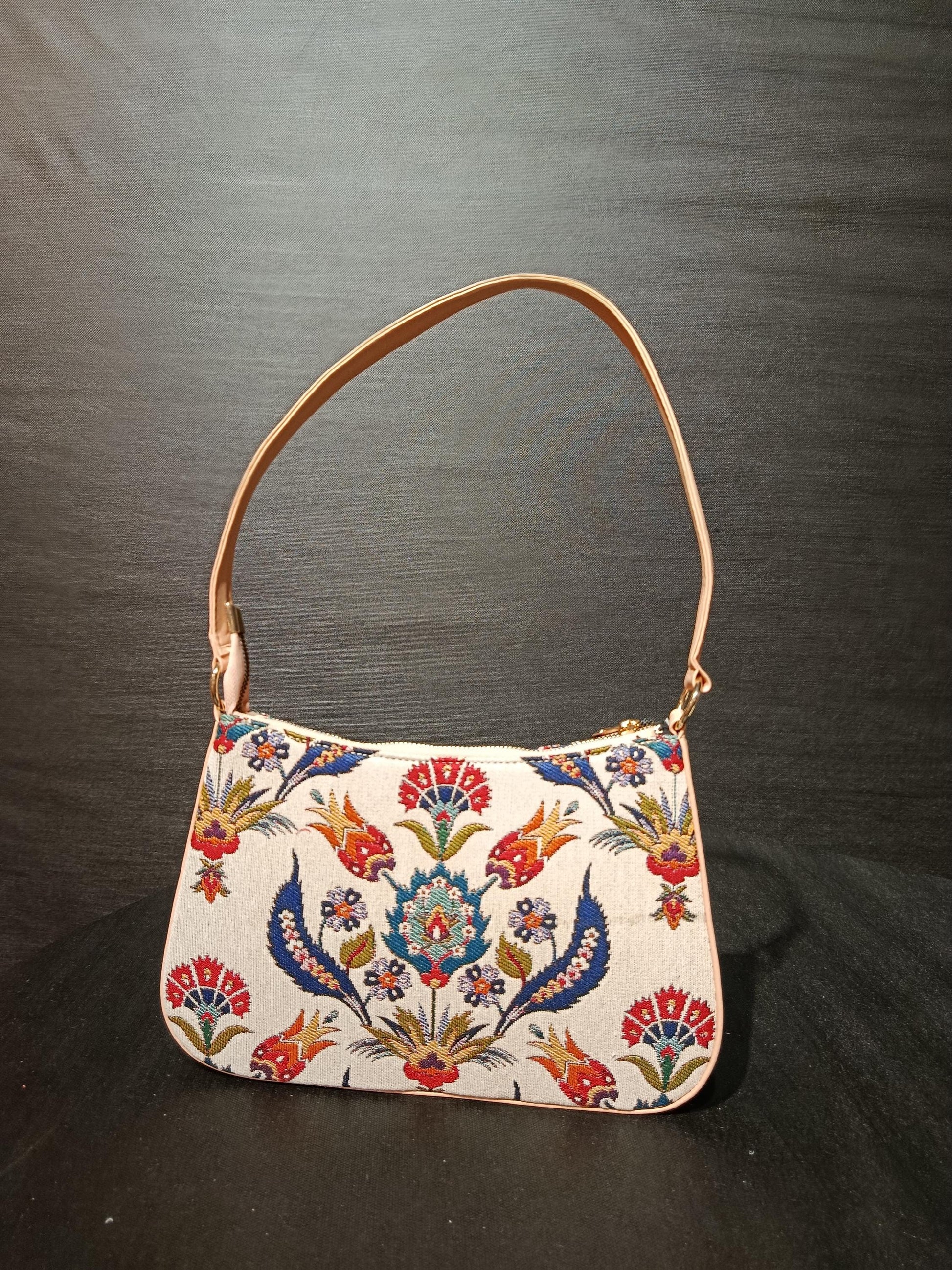 Ottoman Floral Tapestry Shoulder Bag: Turkish Gobelin Crossbody Purse