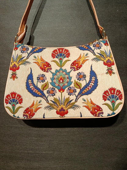 Ottoman Floral Tapestry Shoulder Bag: Turkish Gobelin Crossbody Purse