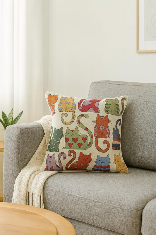 Colorful Cat Tapestry Cushion Cover: Whimsical Jacquard Pillow Case