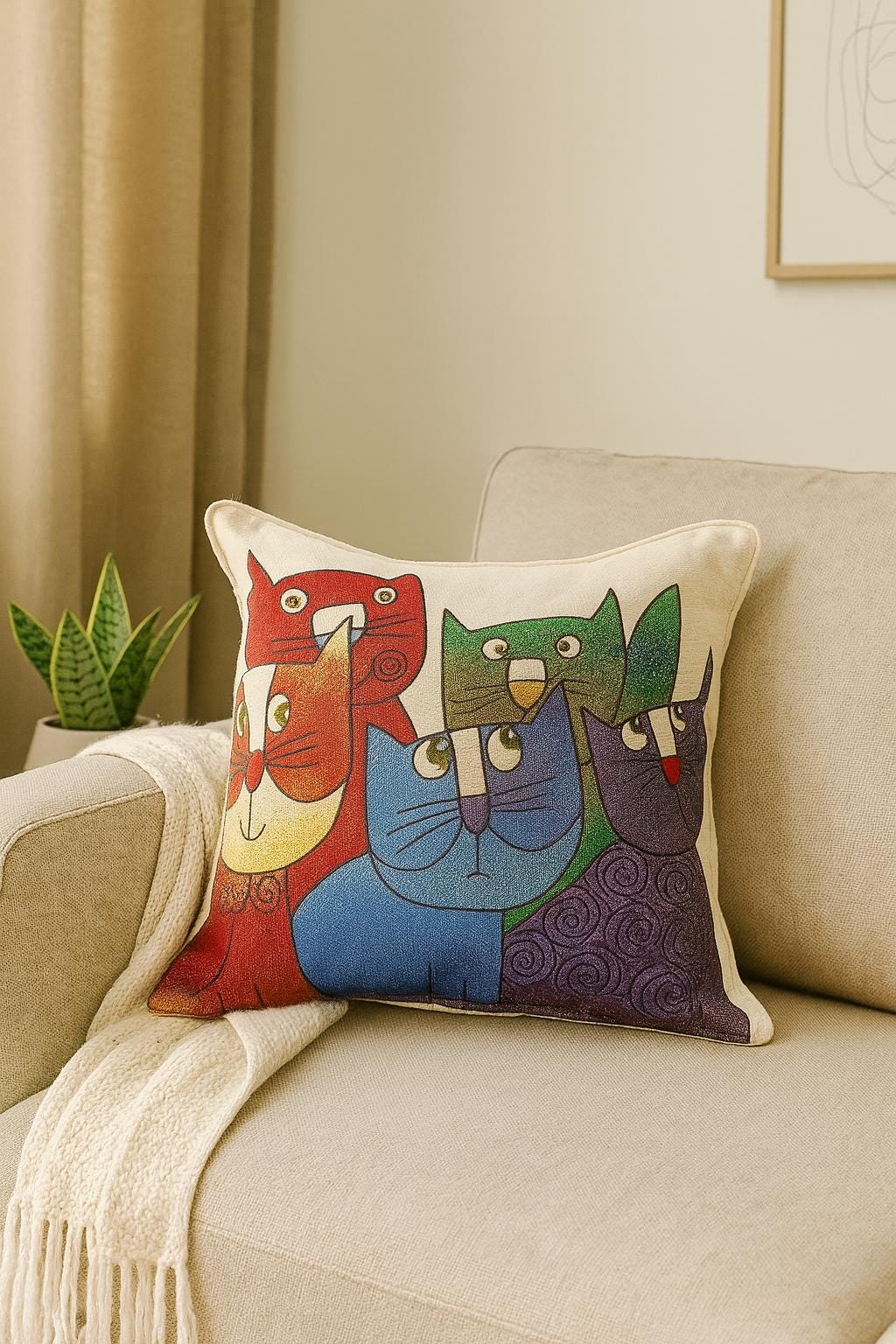Abstract Cat Pillow Cover: Colorful Gobelin Tapestry, Modern Art Decor