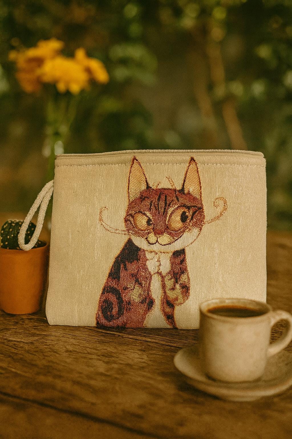 Abstract Cat Tapestry Clutch: Handmade Gobelin Purse with Rope Handle
