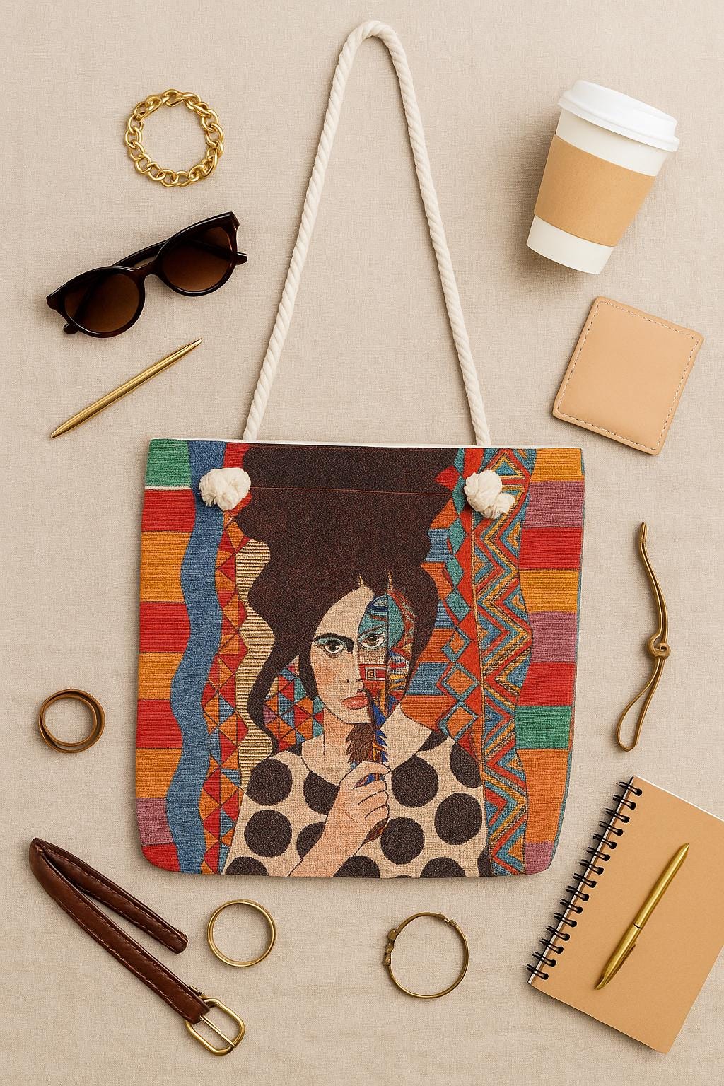 Boho Portrait Tote Bag: Abstract Gobelin Fabric, Handmade Turkish Art