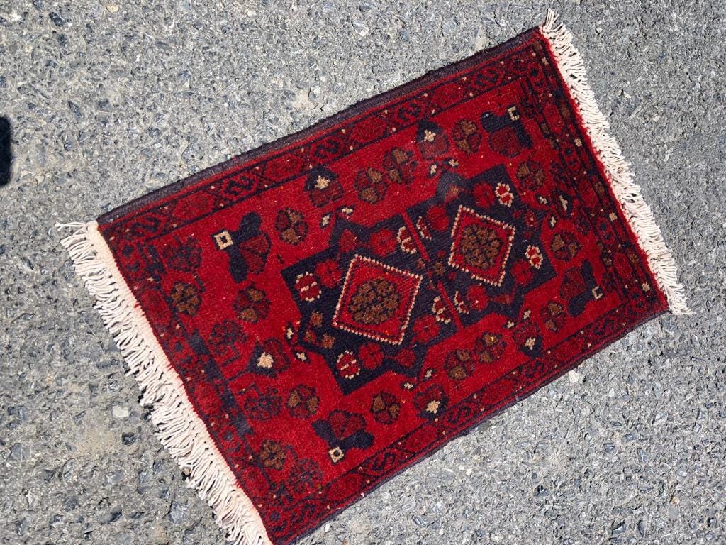 Handmade Afghan Wool Rug: Tribal Red Boho Accent Mat (42x59 cm)