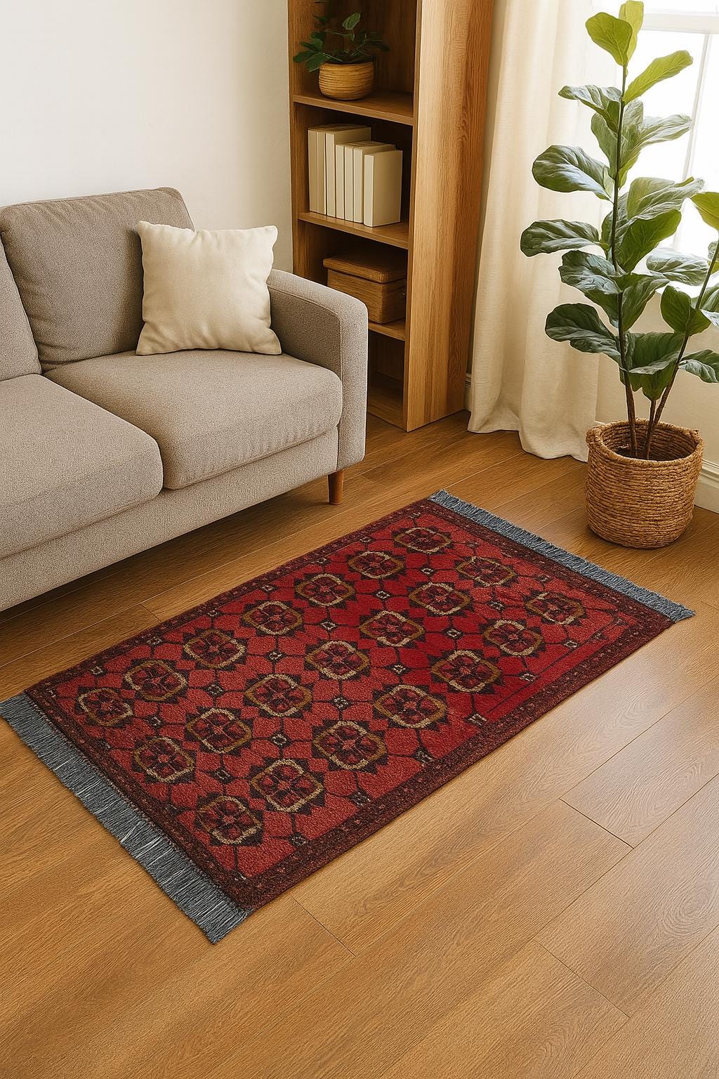Small Afghan Rug: Handmade Tribal Red Wool Carpet, Boho Decor (50x96 cm)