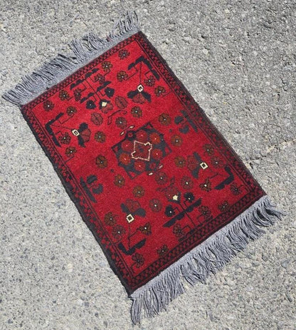 Small Handmade Afghan Rug: Tribal Red Wool Carpet, Boho Decor (44x61 cm)