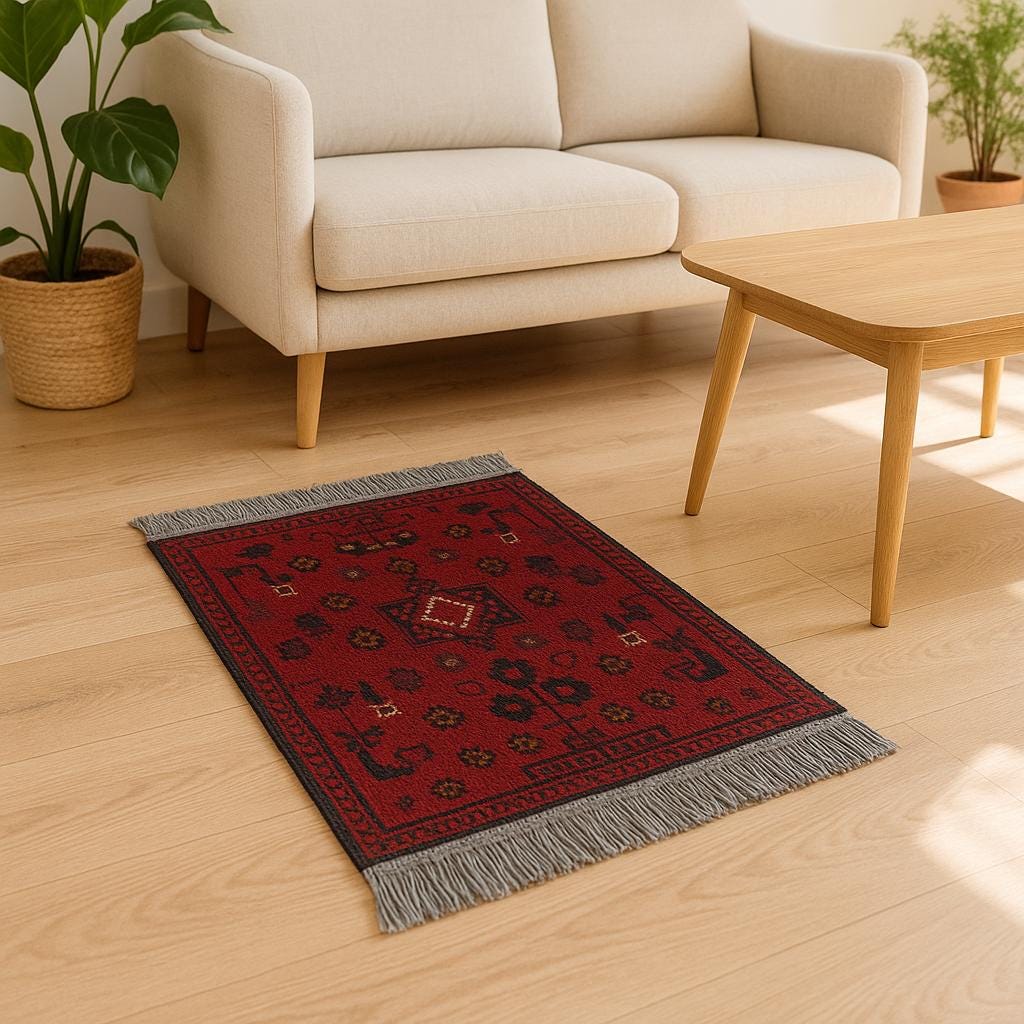 Small Handmade Afghan Rug: Tribal Red Wool Carpet, Boho Decor (44x61 cm)