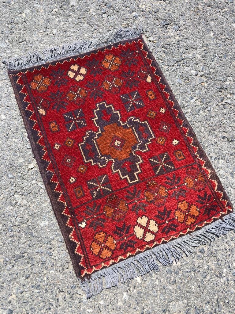 Small Handmade Afghan Wool Rug: Tribal Boho Decor (42x59 cm)