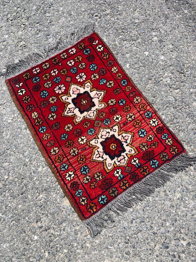 Small Afghan Rug: Handmade Tribal Red Wool Carpet, Boho Decor (42x61 cm)