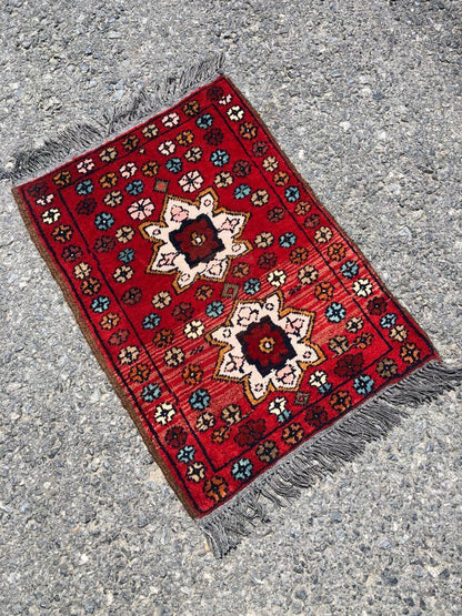 Small Afghan Rug: Handmade Tribal Red Wool Carpet, Boho Decor (42x61 cm)