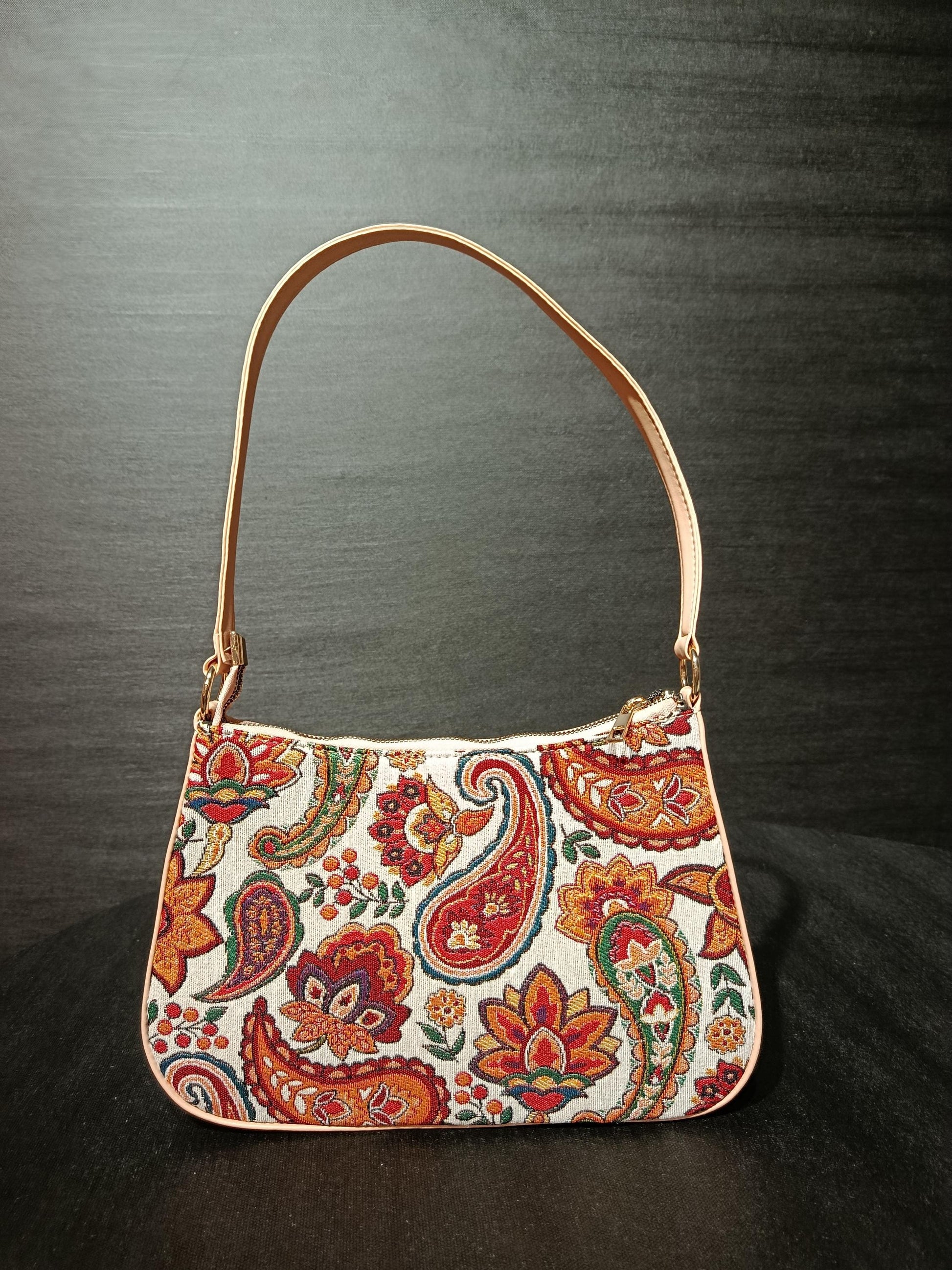 Turkish Gobelin Shoulder Bag – Paisley Floral Tapestry Purse with Beige Strap - 19x30 cm