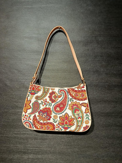 Turkish Gobelin Shoulder Bag – Paisley Floral Tapestry Purse with Beige Strap - 19x30 cm