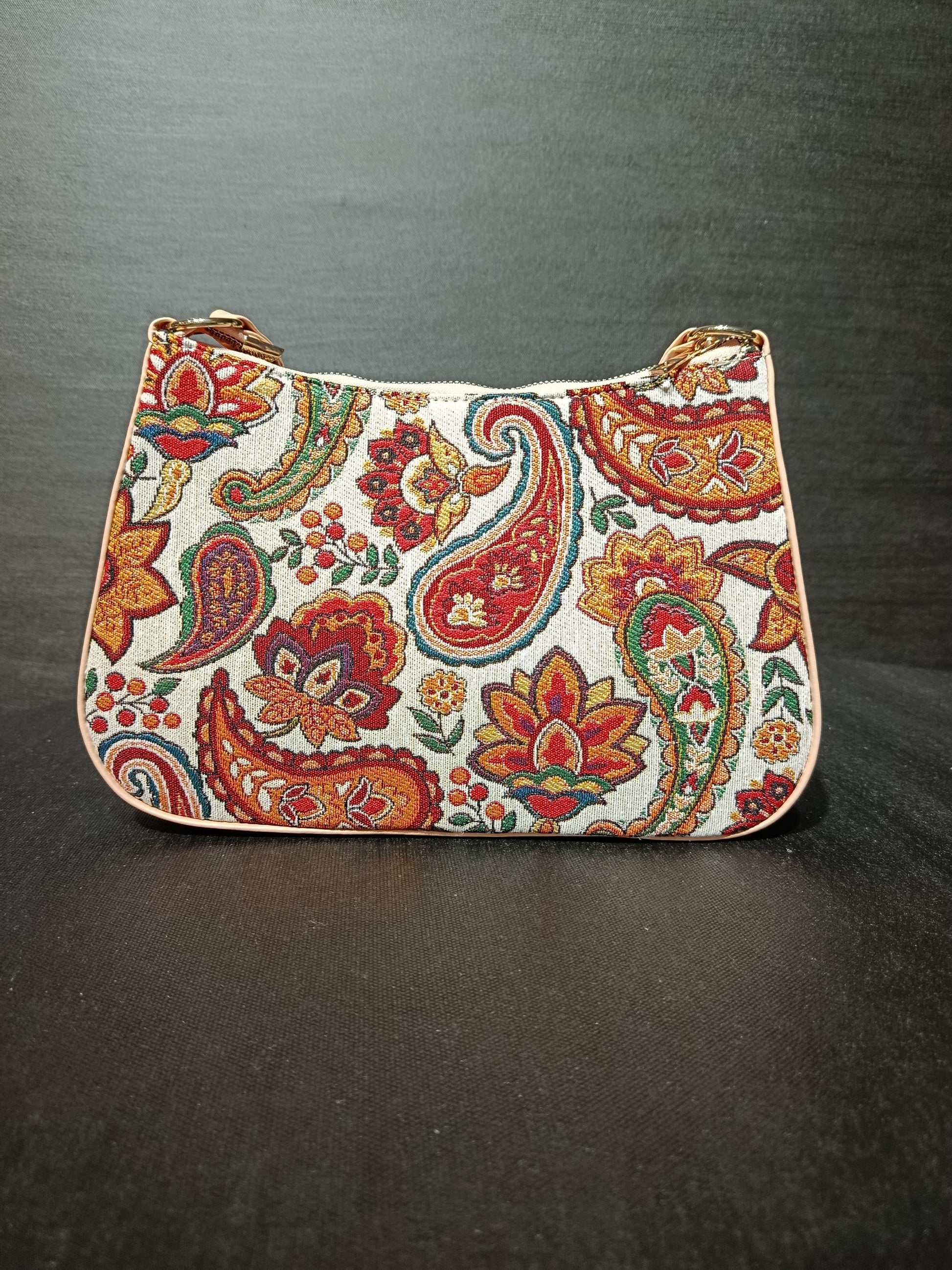 Turkish Gobelin Shoulder Bag – Paisley Floral Tapestry Purse with Beige Strap - 19x30 cm