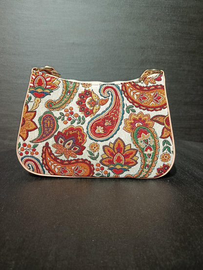 Turkish Gobelin Shoulder Bag – Paisley Floral Tapestry Purse with Beige Strap - 19x30 cm