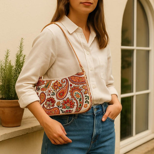 Turkish Gobelin Shoulder Bag – Paisley Floral Tapestry Purse with Beige Strap - 19x30 cm