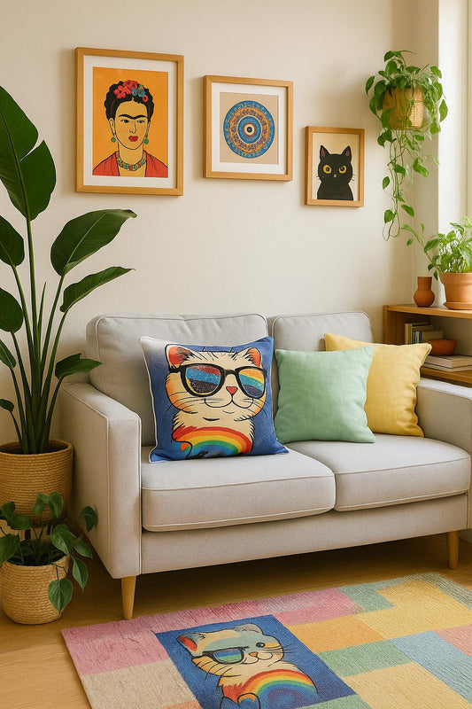 Rainbow Cat Tapestry Cushion Cover: Colorful Woven Pillow, Handmade in Türkiye