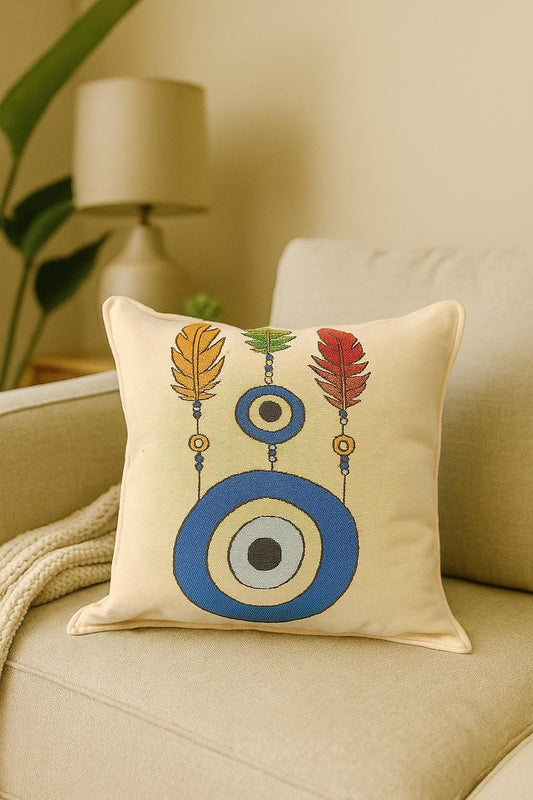 Boho Evil Eye Pillow Cover: Gobelin Tapestry Cushion with Feathers