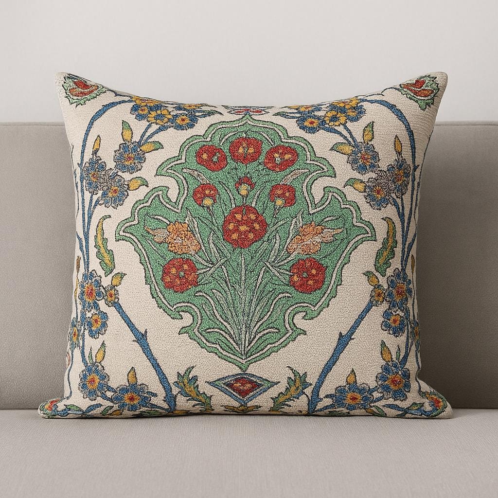 Turkish Floral Pillow Cover: Woven Gobelin Tapestry, Boho Accent Pillow