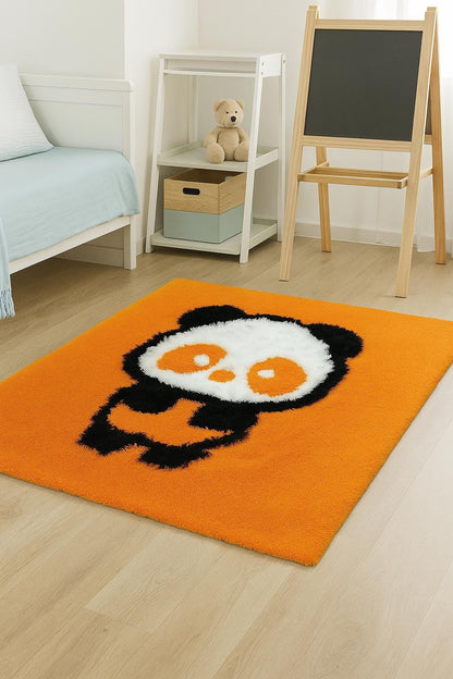 Handmade Tufted Panda Rug: Orange Kids Room Decor, 40"x40"