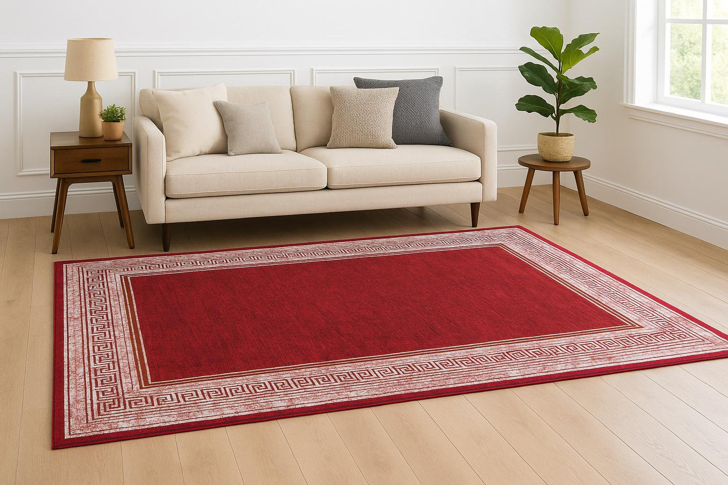 Distressed Red Greek Key Area Rug | Crimson Oriental Carpet, Meander Border