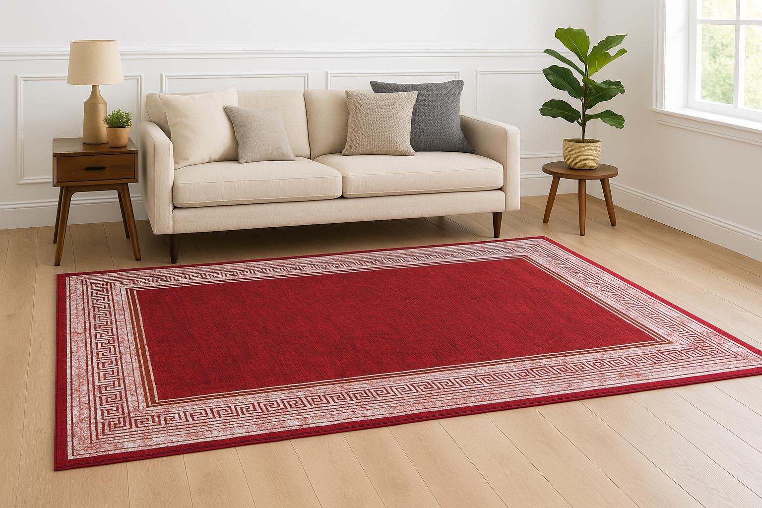 Distressed Red Greek Key Area Rug | Crimson Oriental Carpet, Meander Border