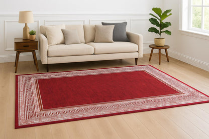Distressed Red Greek Key Area Rug | Crimson Oriental Carpet, Meander Border