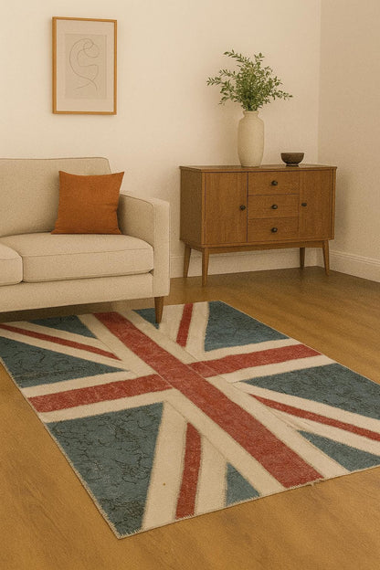 British Flag Patchwork Rug: Handmade Wool Anatolian Design