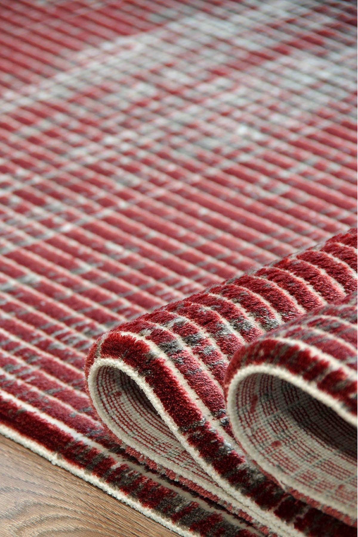 Marsala Red Distressed Area Rug – Textured Linear Woven Carpet (Customizable Size)