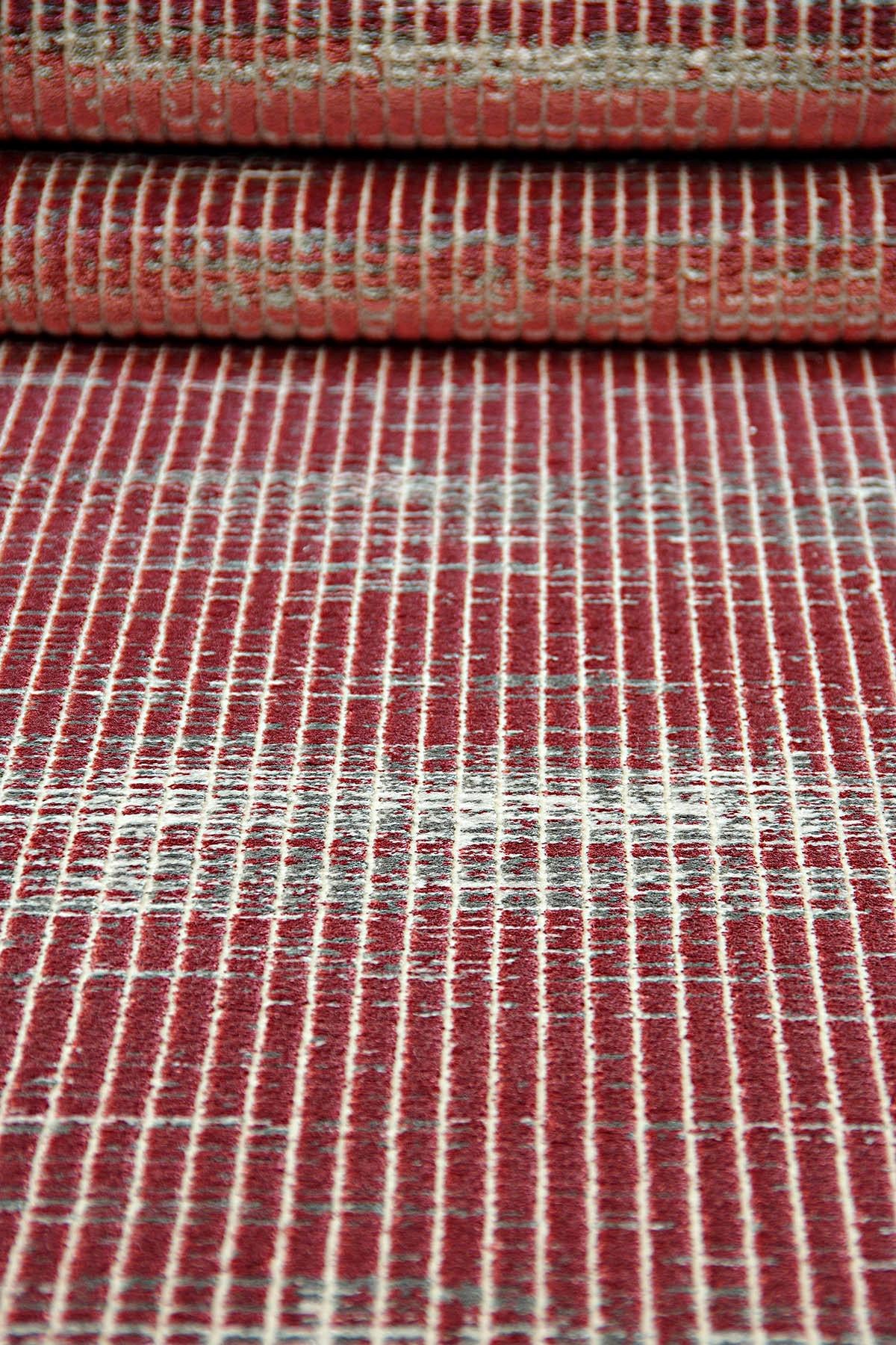 Marsala Red Distressed Area Rug – Textured Linear Woven Carpet (Customizable Size)