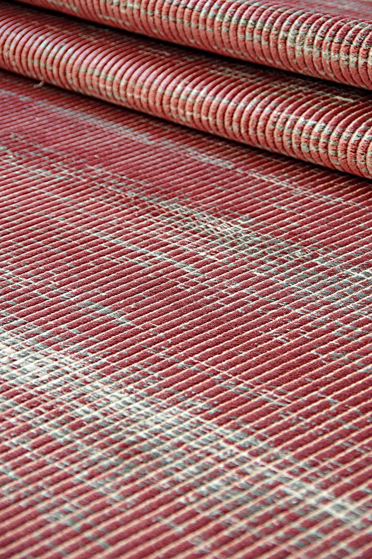 Marsala Red Distressed Area Rug – Textured Linear Woven Carpet (Customizable Size)