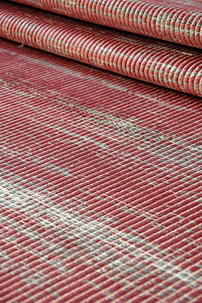 Marsala Red Distressed Area Rug – Textured Linear Woven Carpet (Customizable Size)
