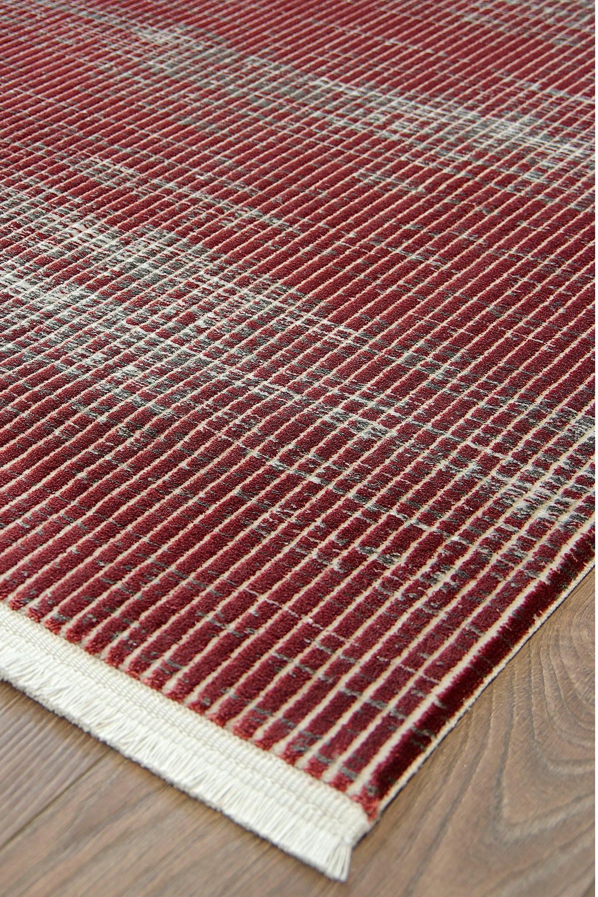 Marsala Red Distressed Area Rug – Textured Linear Woven Carpet (Customizable Size)