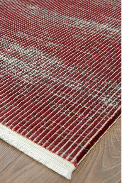 Marsala Red Distressed Area Rug – Textured Linear Woven Carpet (Customizable Size)