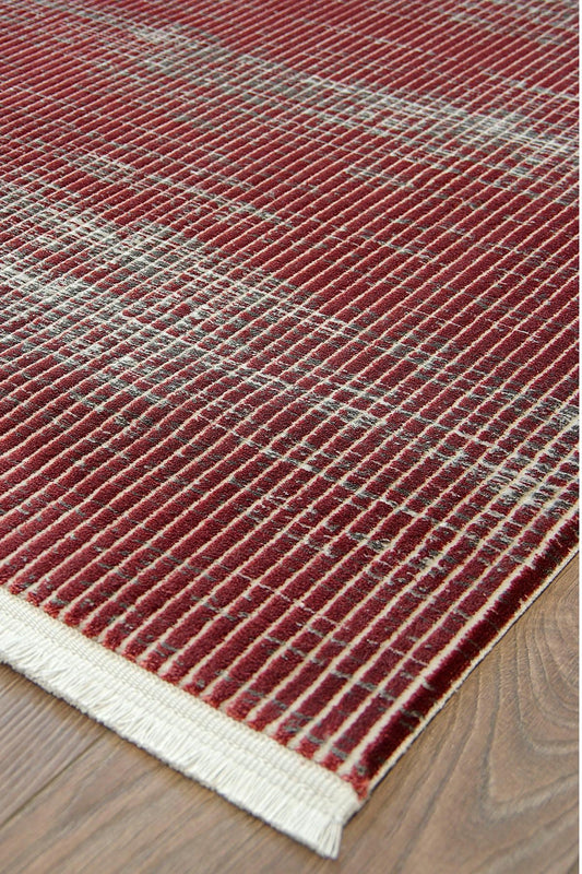 Marsala Red Distressed Area Rug – Textured Linear Woven Carpet (Customizable Size)