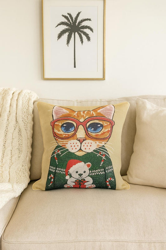 Christmas Cat Pillow Cover: Gobelin Tapestry Holiday Decor