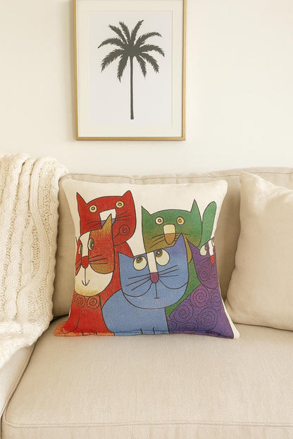 Abstract Cat Cushion Cover: Colorful Gobelin Tapestry Pillow, 40x40cm