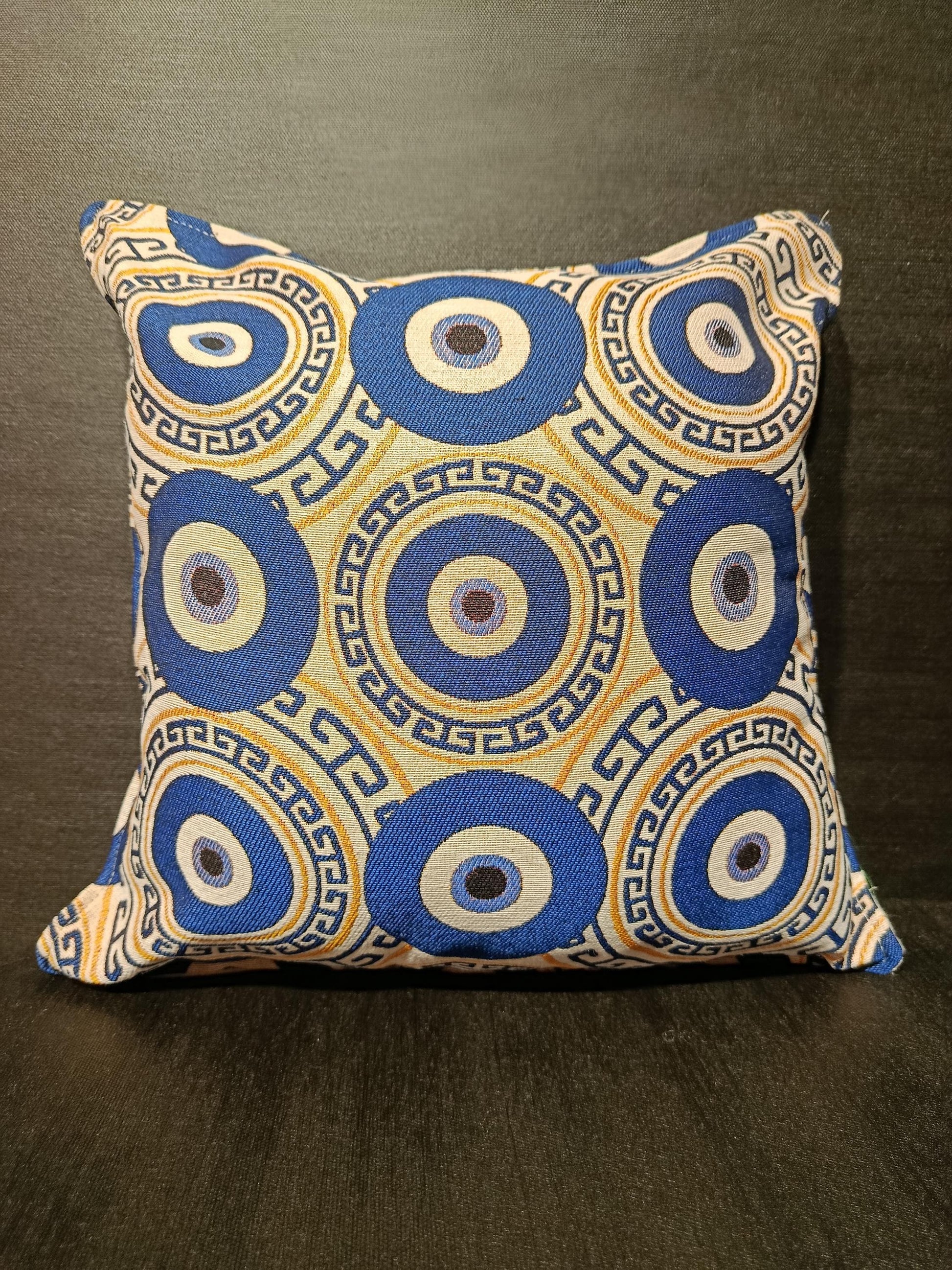 Evil Eye Cushion Cover: Turkish Nazar Pillow with Greek Key - Boho Home Decor