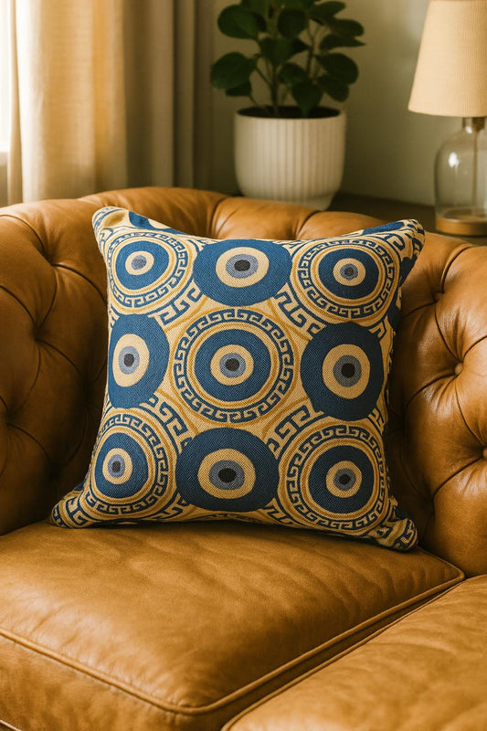 Evil Eye Cushion Cover: Turkish Nazar Pillow with Greek Key - Boho Home Decor