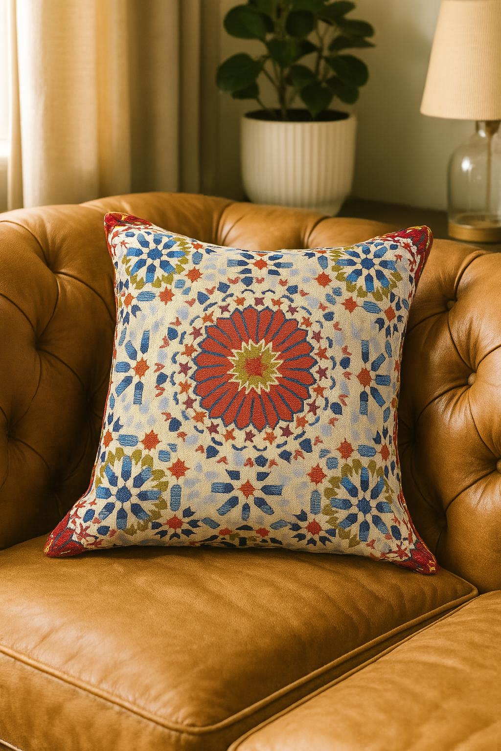 40x40 cm, Mosaic Tile Pattern Cushion Cover – Colorful Boho Throw Pillow with Red Medallion