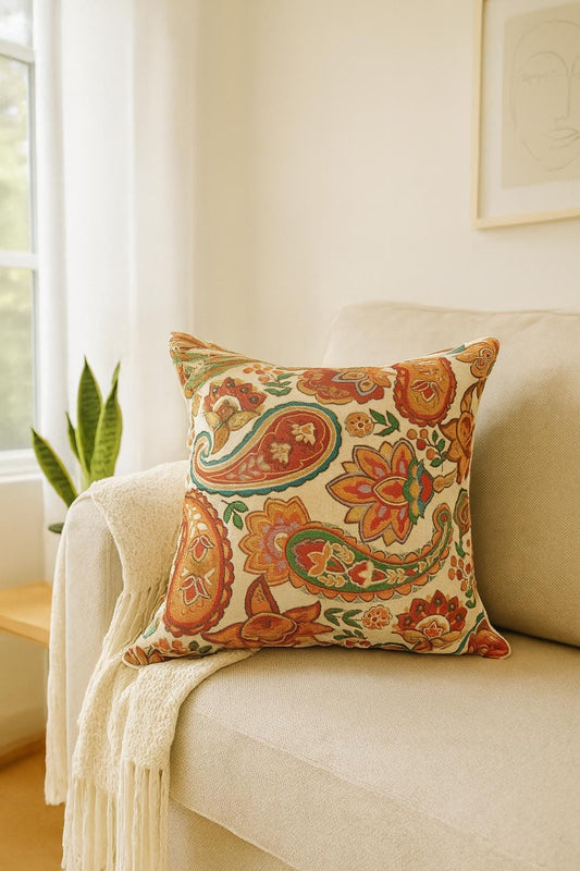 Paisley Gobelin Cushion Cover: Jacquard Floral Tapestry Pillow - 40x40 cm