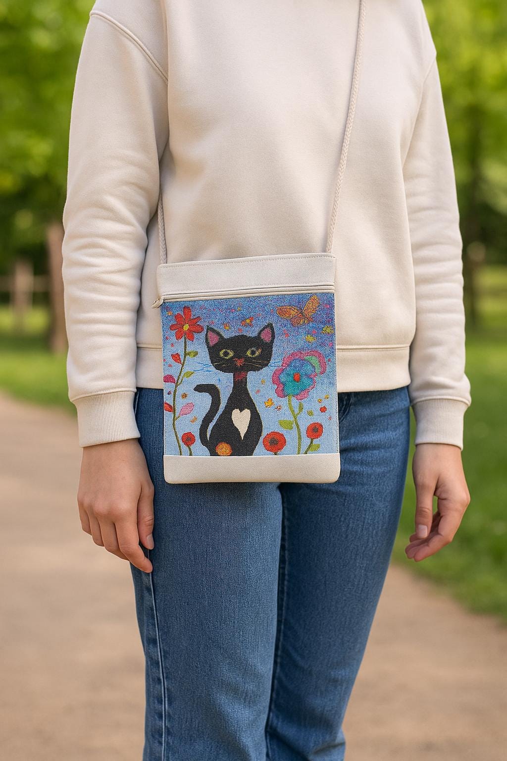 Black Cat Floral Crossbody Bag – Handmade Canvas Shoulder Purse
