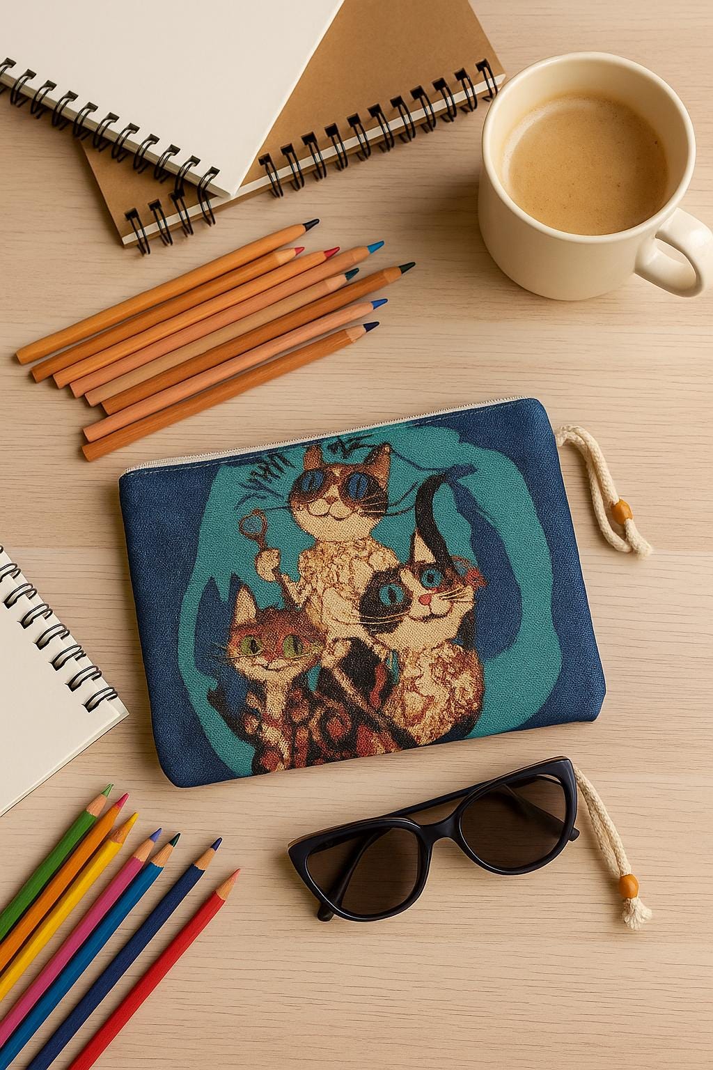 Blue Cat Tapestry Clutch: Turkish Gobelin Zip Bag with Rope Handle