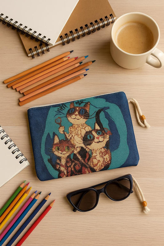 Blue Cat Tapestry Clutch: Turkish Gobelin Zip Bag with Rope Handle