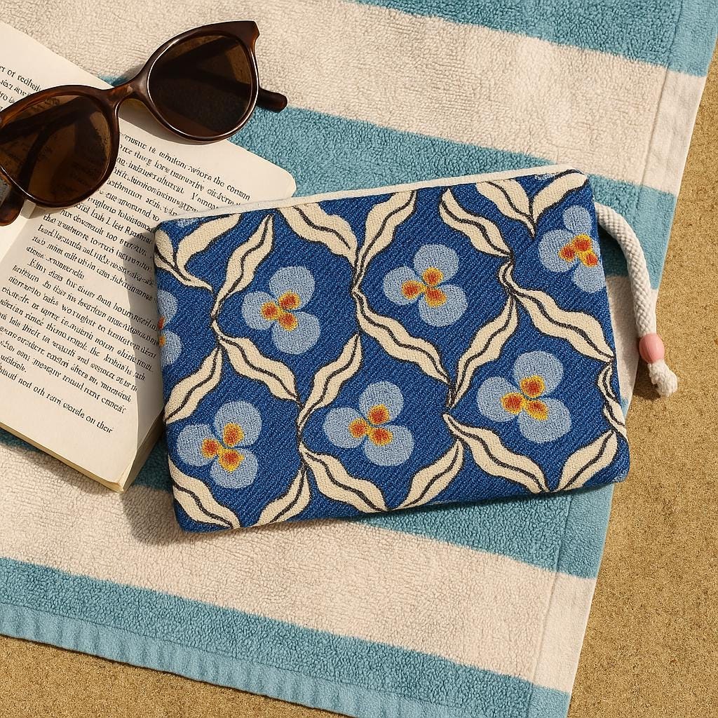 Blue Floral Gobelin Tapestry Clutch – Retro Flower Zip Pouch