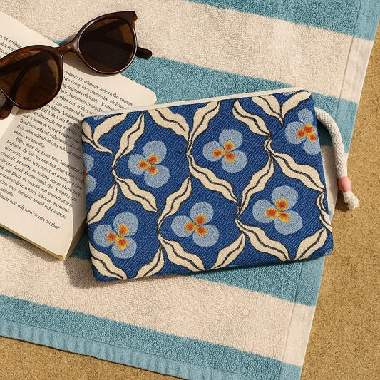 Blue Floral Gobelin Tapestry Clutch – Retro Flower Zip Pouch