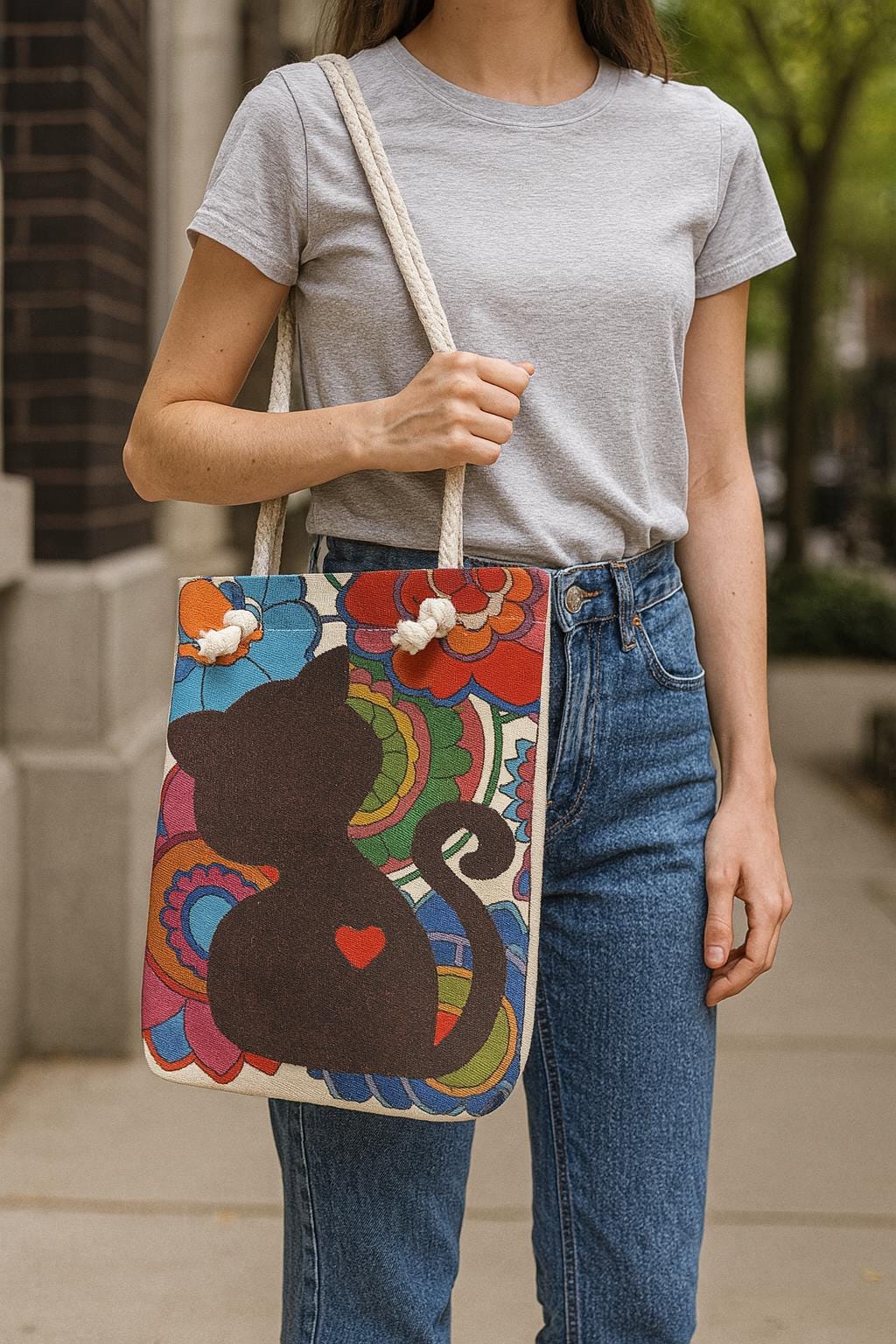 Boho Black Cat Tote Bag: Floral Gobelin Tapestry, Handmade Turkish Shoulder Bag
