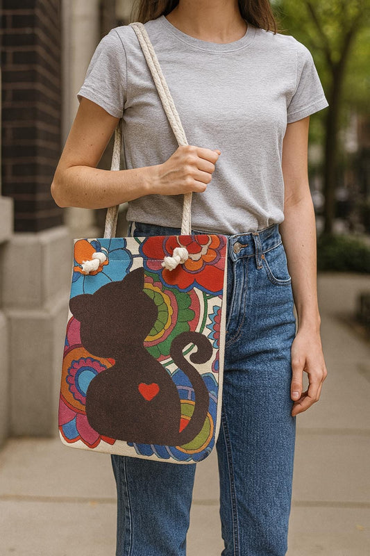 Boho Black Cat Tote Bag: Floral Gobelin Tapestry, Handmade Turkish Shoulder Bag