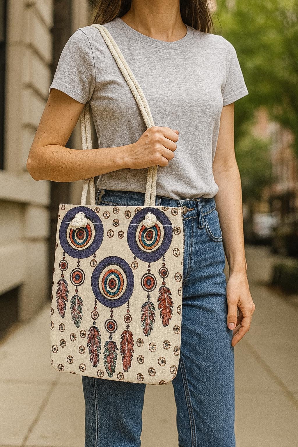 Embroidered Dreamcatcher Canvas Tote Bag: Boho Feather Design