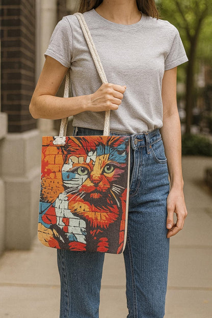 Abstract Cat Tote Bag: Gobelin Tapestry Shoulder Bag - Modern Art Purse