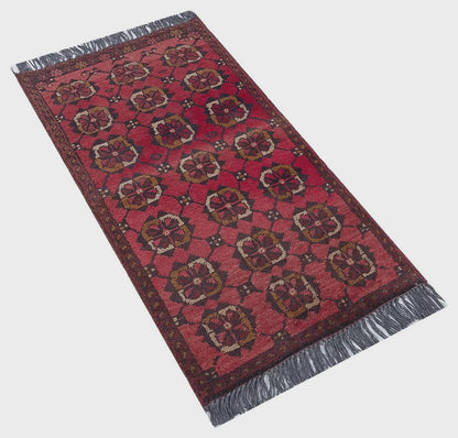 Small Afghan Rug: Handmade Tribal Red Wool Carpet, Boho Decor (50x96 cm)