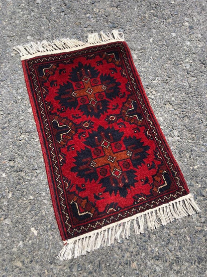 Handmade Afghan Wool Rug: Small Tribal Carpet, Boho Decor (39x59 cm)